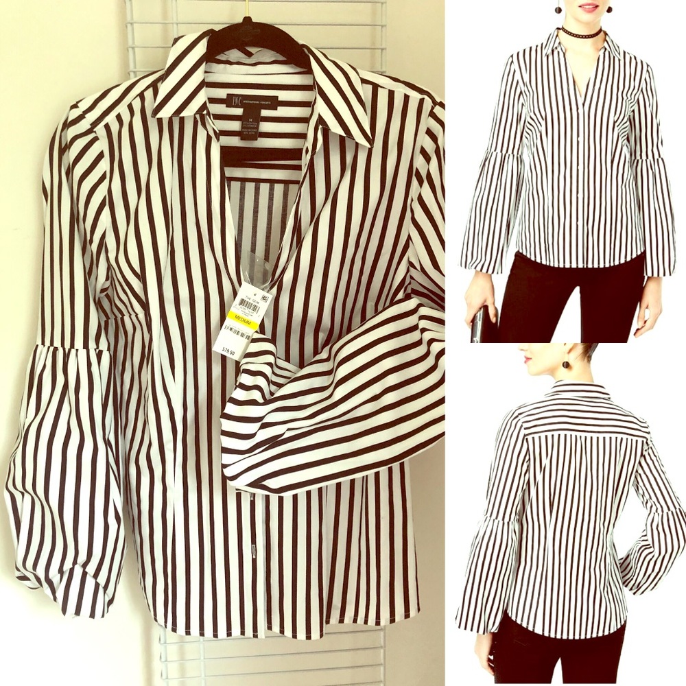 I.N.C Striped Bell-Sleeve Shirt, NWT Med